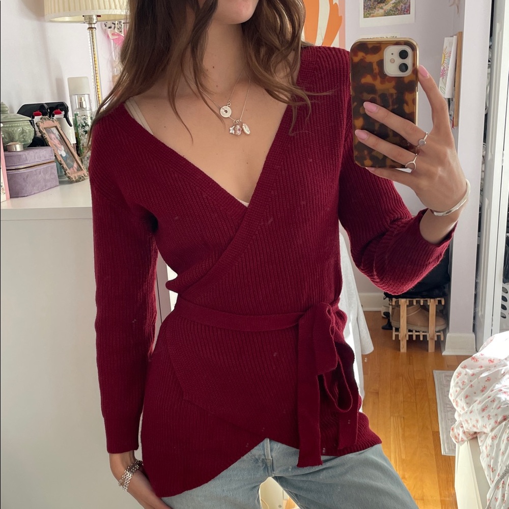 Elegant Burgundy Wrap Sweater